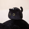 A black plush cat with yellow eyes is shown against a light background.