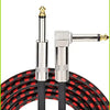 A professional instrument cable with a right-angle connector and black insulated leads is shown against a background of coile