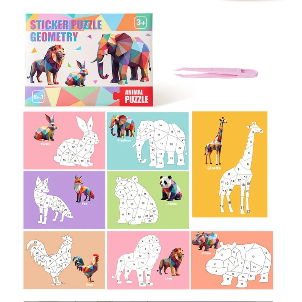 A set of sticker puzzles featuring geometric animals like elephants, giraffes, and lions for kids