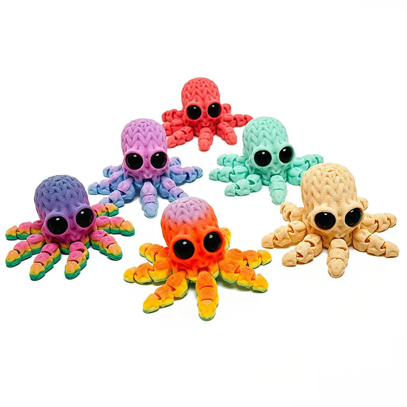 A collection of seven brightly colored 3D printed articulated octopus fridge magnets.