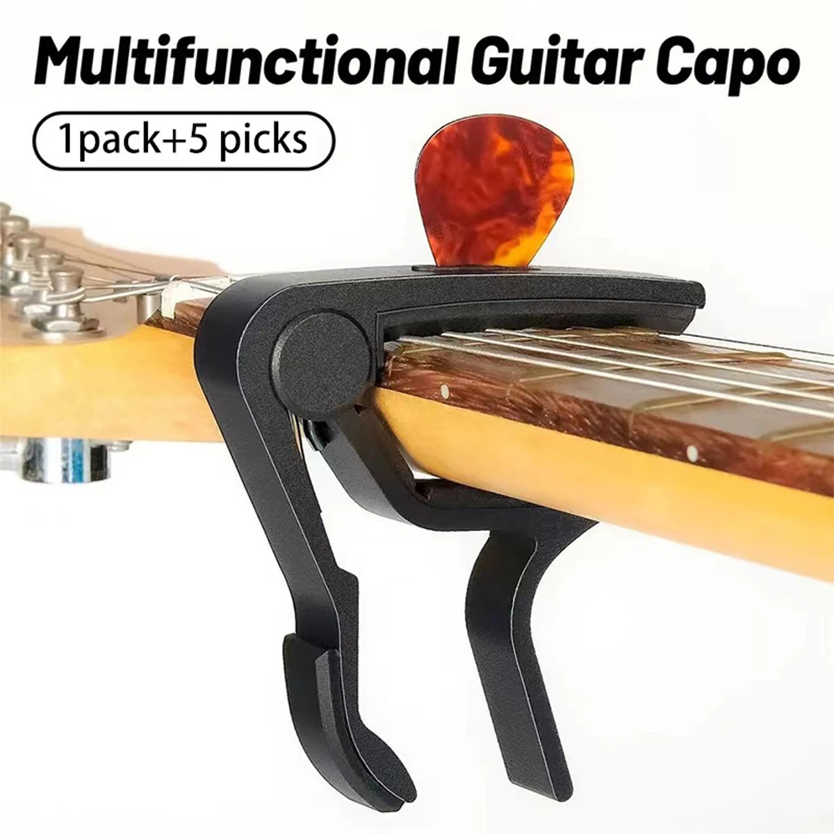 Zinc Alloy Guitar Capo with 5 Celluloid Picks — Fits Acoustic, Electric, Classical, and Ukulele