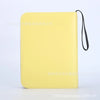 A yellow PU leather card binder with a black strap is shown against a white background.