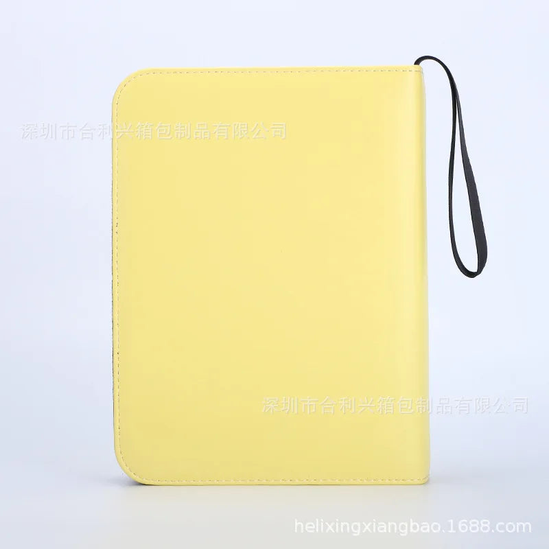 A yellow PU leather card binder with a black strap is shown against a white background.