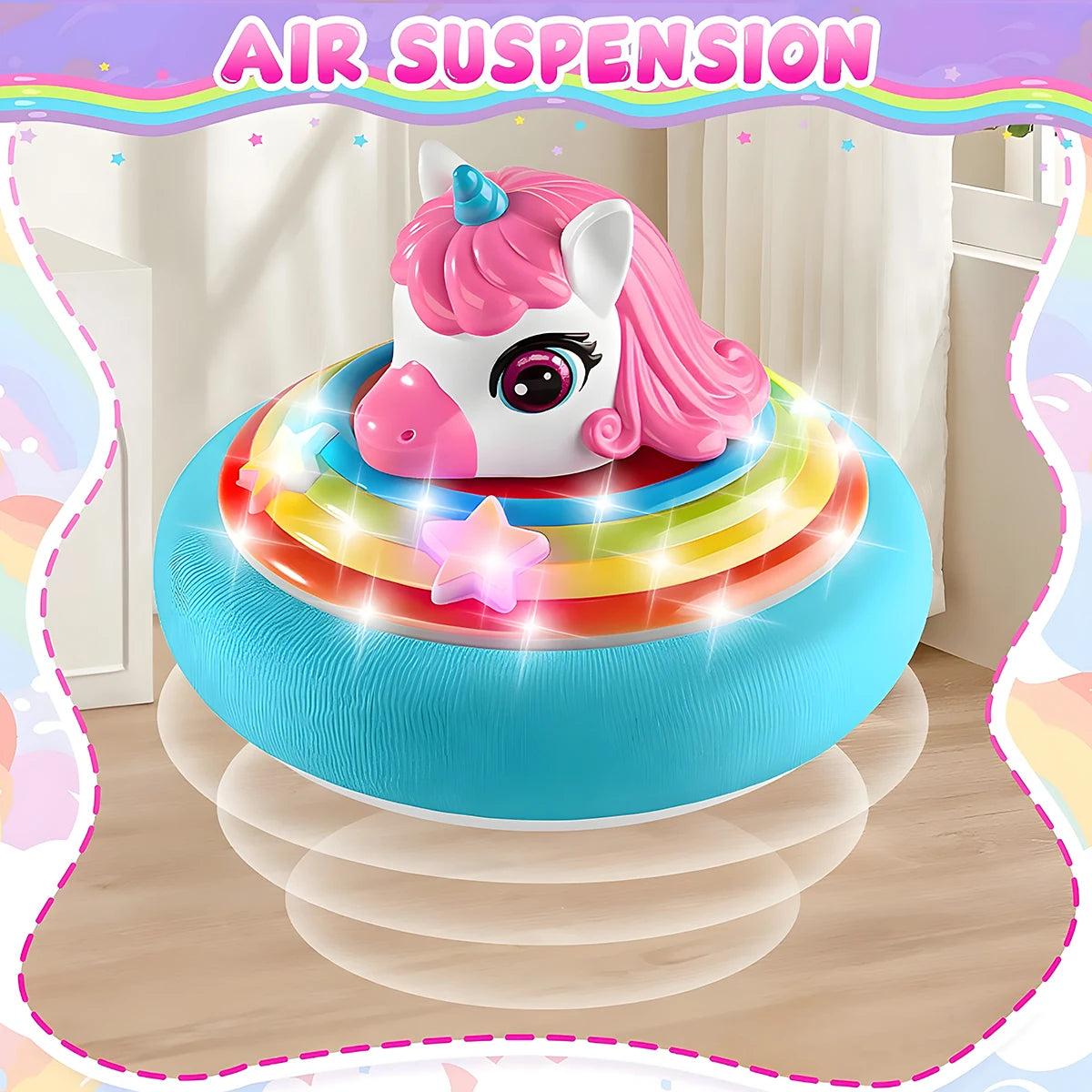 A pink unicorn-themed air suspension toy with LED lights and music resting on a blue circular base.