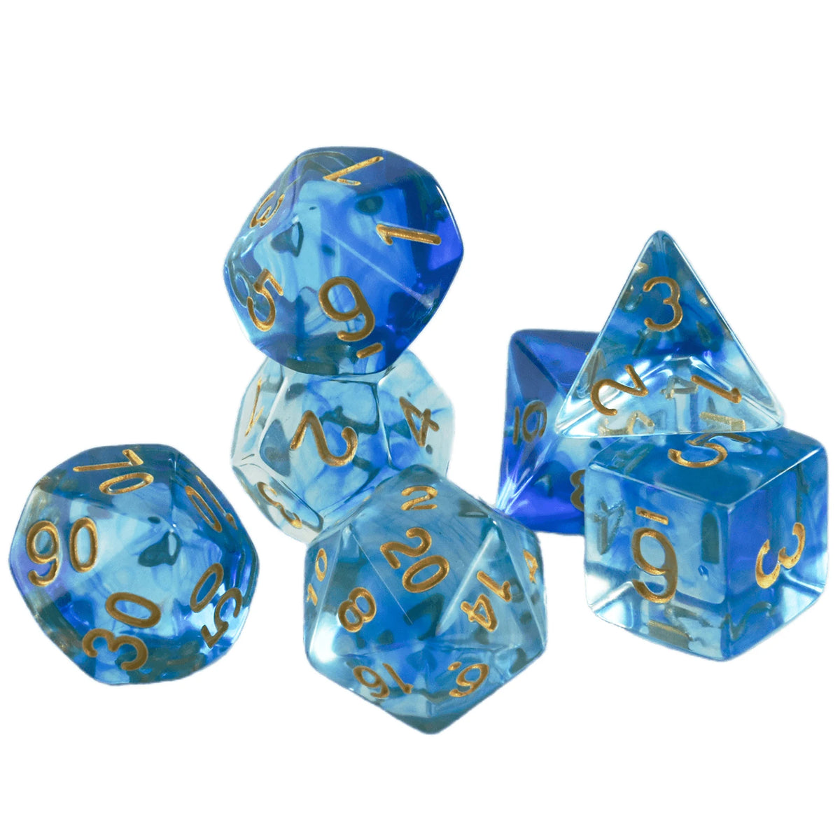 A set of seven blue polyhedral dice showing a hazy swirl effect for role-playing games