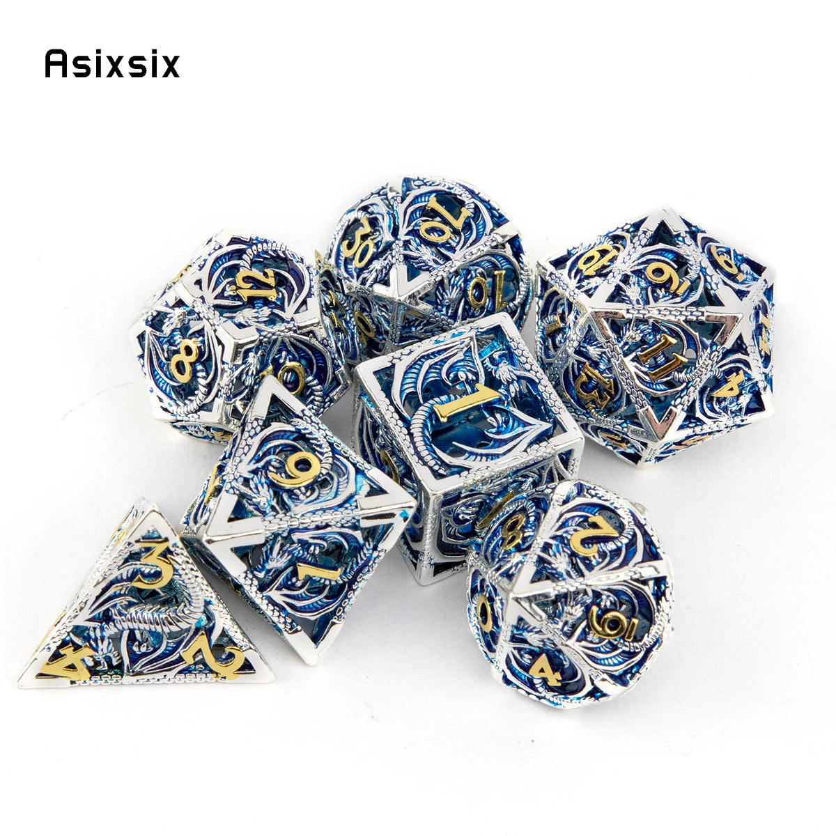 Hollow Metal Polyhedral Dice Set with Blue Dragon Design