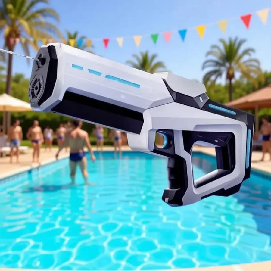 A white and black rechargeable electric water blaster is shown aimed over a swimming pool.