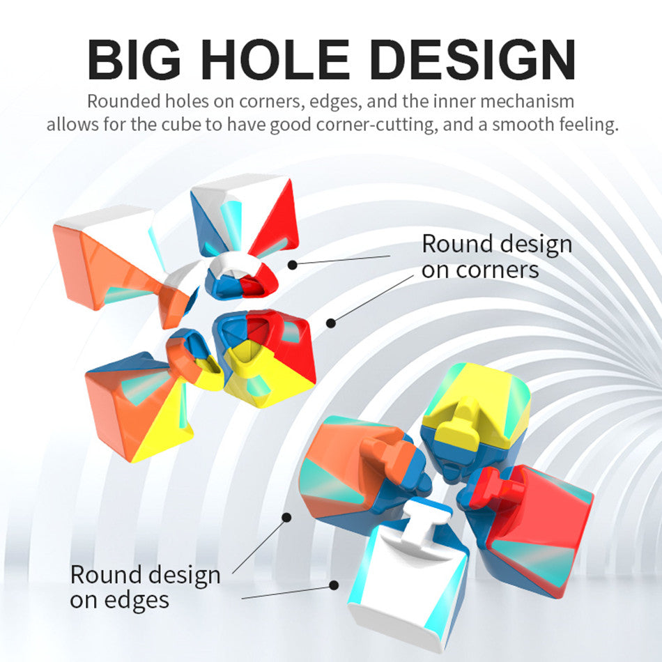 Diagram showing the big hole design of a cube with rounded features on corners and edges.