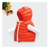 An orange quilted hooded vest worn by a child, displayed against a white background.