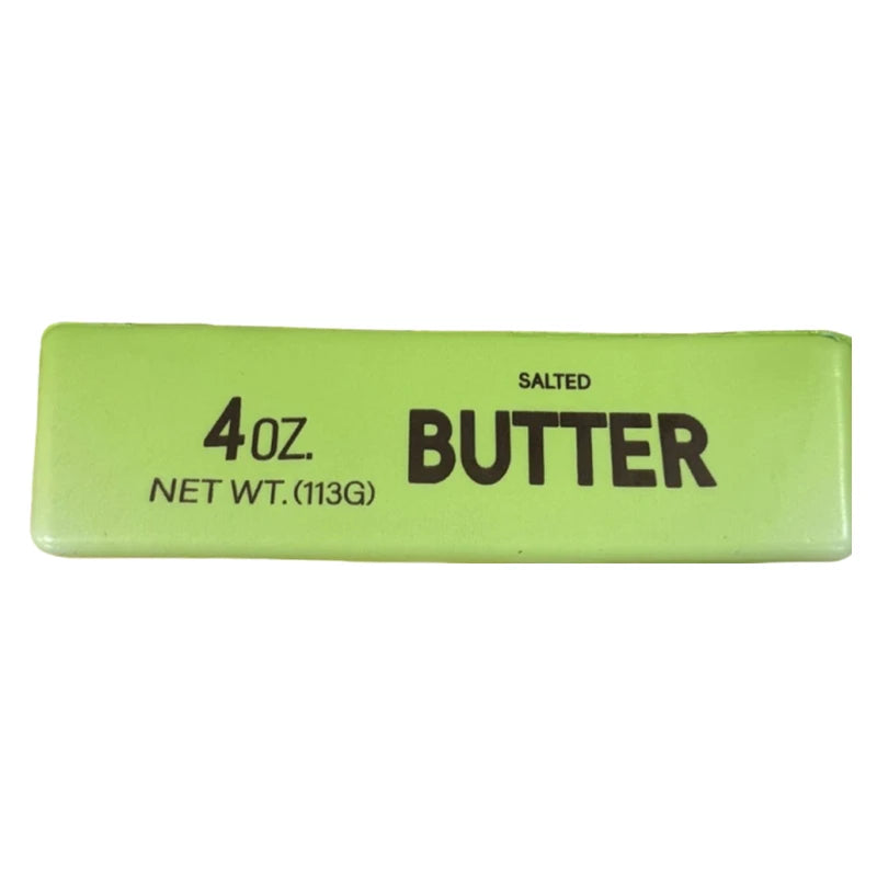 A rectangular lime green container labeled Salted Butter 4oz net wt 113g