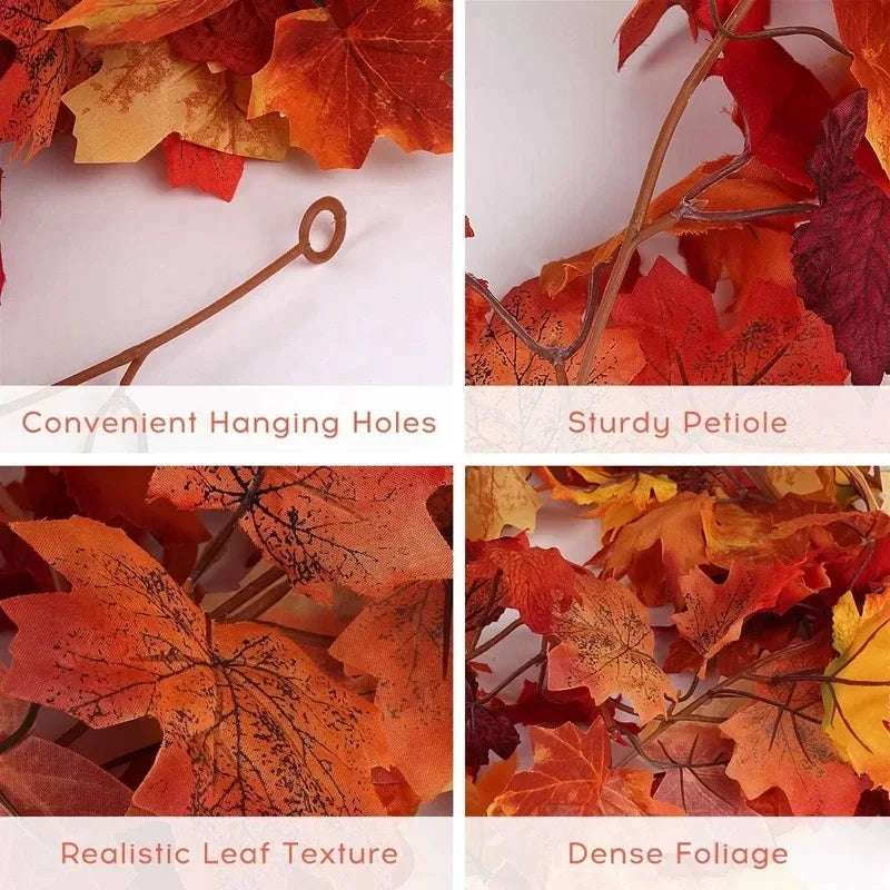 Artificial fall maple leaf garland showing various textures and colors of autumn leaves