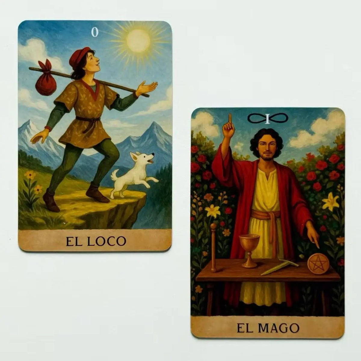 Two Spanish tarot cards, El Loco and El Mago, featuring figures and landscapes.