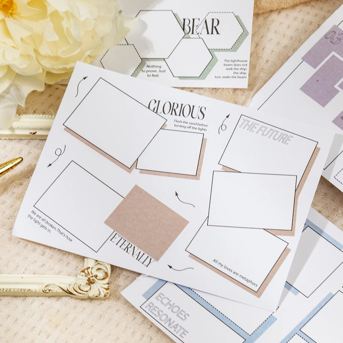 A set of dual-material frame stickers featuring nature and abstract words like Bear, Glorious, Eternally, and The Future on w