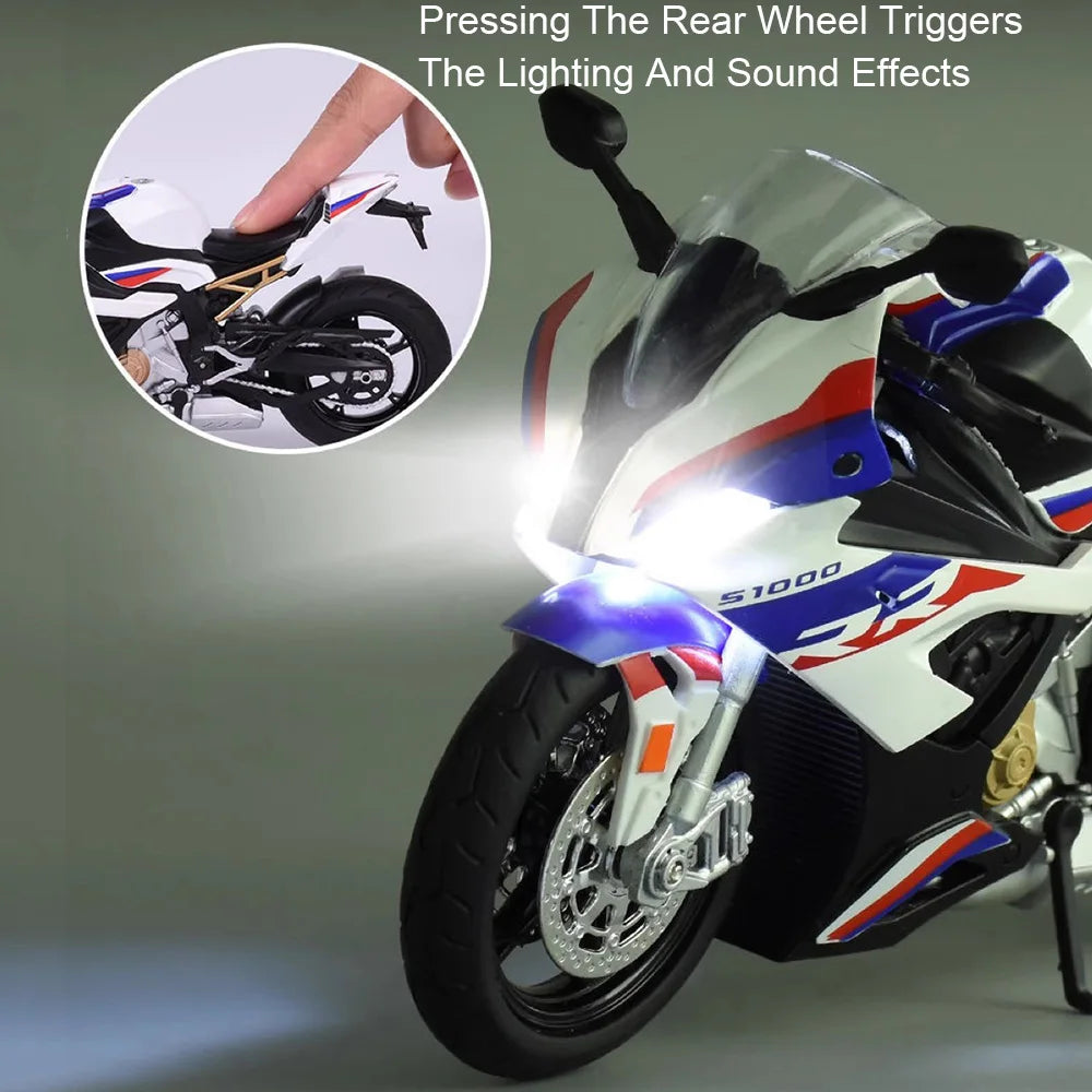 A white and blue diecast sport motorcycle model with integrated lighting and sound effects.
