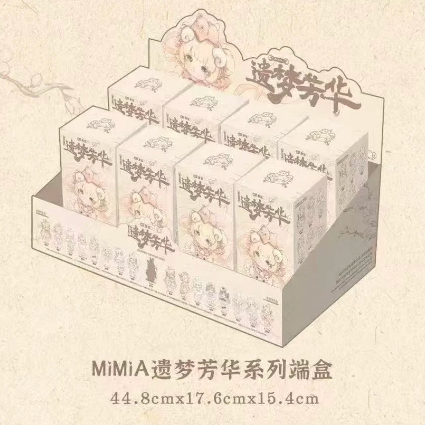A box of Mimia Art of Forgotten Dream Series collectible figurines, showing the packaging and product details.