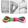 A colorful rainbow elastic jump rope training band shown alongside images of its use on a child's abdomen and arm.