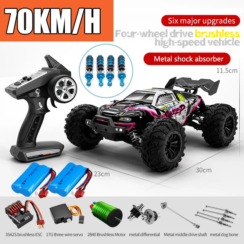 A black and pink brushless 4WD monster truck RC car with high-speed features and metal shock absorbers.