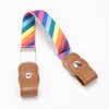 A kids canvas belt with elastic stretch featuring a multi-colored striped fabric and a brown leather buckle.
