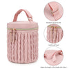 Pink quilted organizer bag with a leather pull head and Velcro adjustment for baby stroller accessories