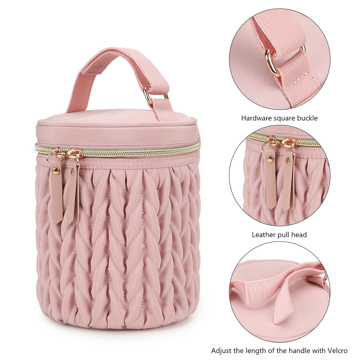 Pink quilted organizer bag with a leather pull head and Velcro adjustment for baby stroller accessories