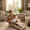 A woman is teaching a child how to play a handpan drum with wooden mallets and silicone tips.