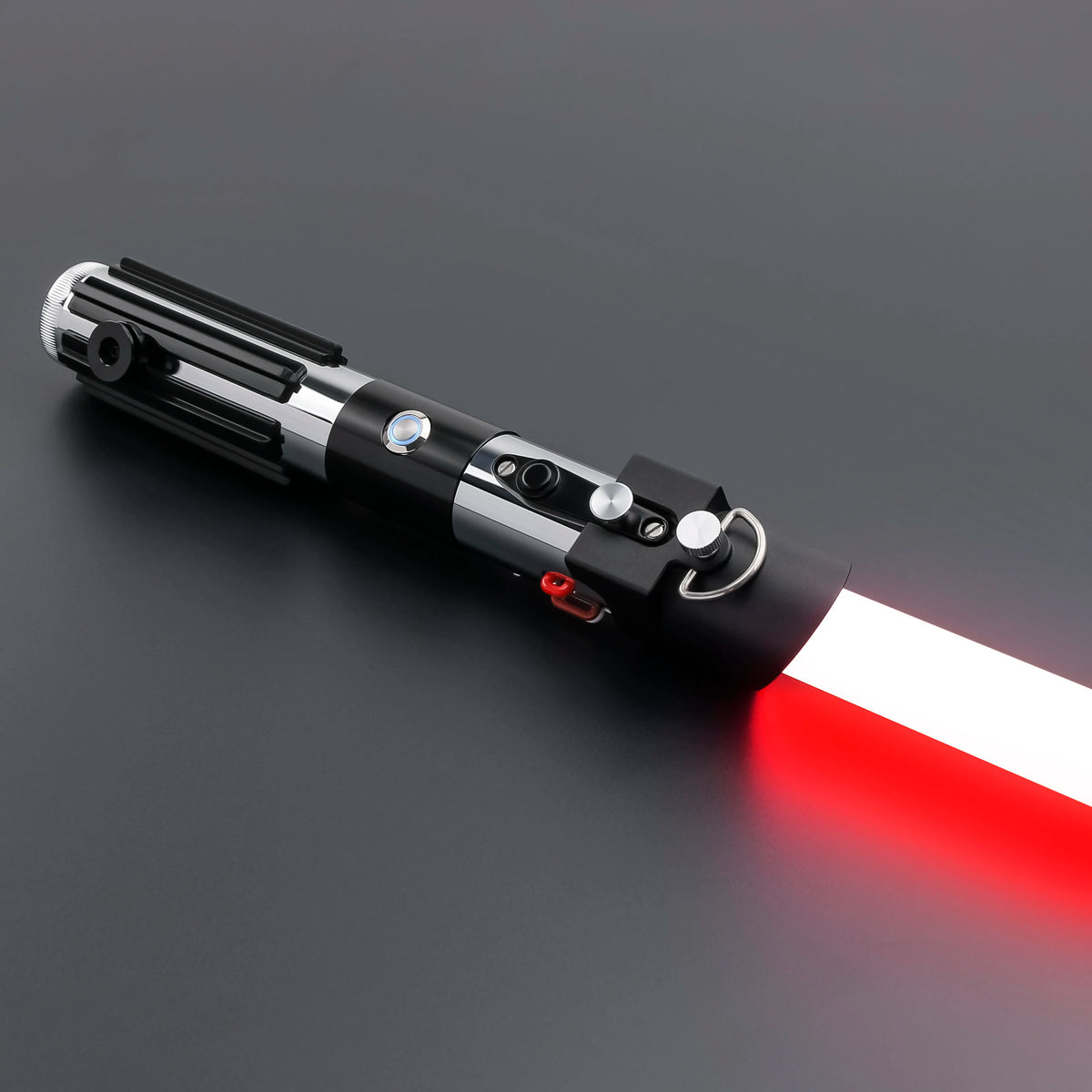 Darth Vader Neopixel lightsaber with Proffie 2.2 soundboard shown in a dark setting.