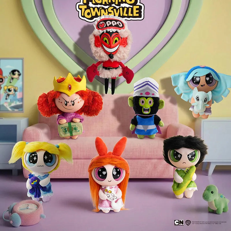 A collection of Powerpuff Girls figures, including Blossom and Bubbles, displayed in a colorful scene.