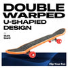 An orange skateboard featuring a double warped U-shaped design, shown against a dark blue background.