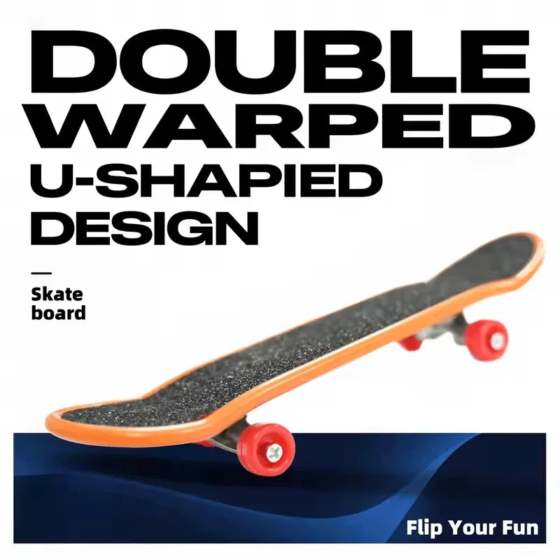 An orange skateboard featuring a double warped U-shaped design, shown against a dark blue background.