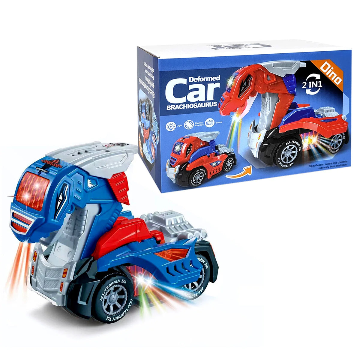 A red and blue transforming dinosaur robot car toy with lights and sounds displayed next to its packaging box.