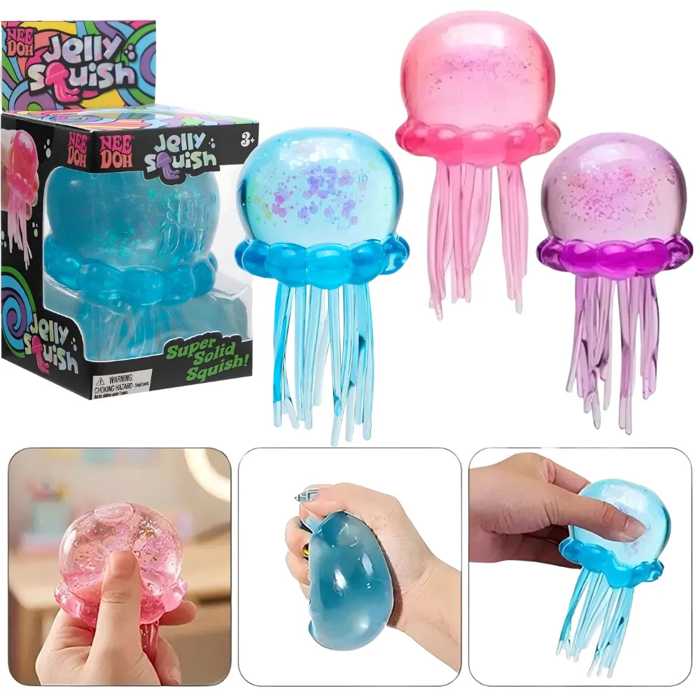 Colorful squishy toys shaped like jellyfish and cubes for sensory fidget play
