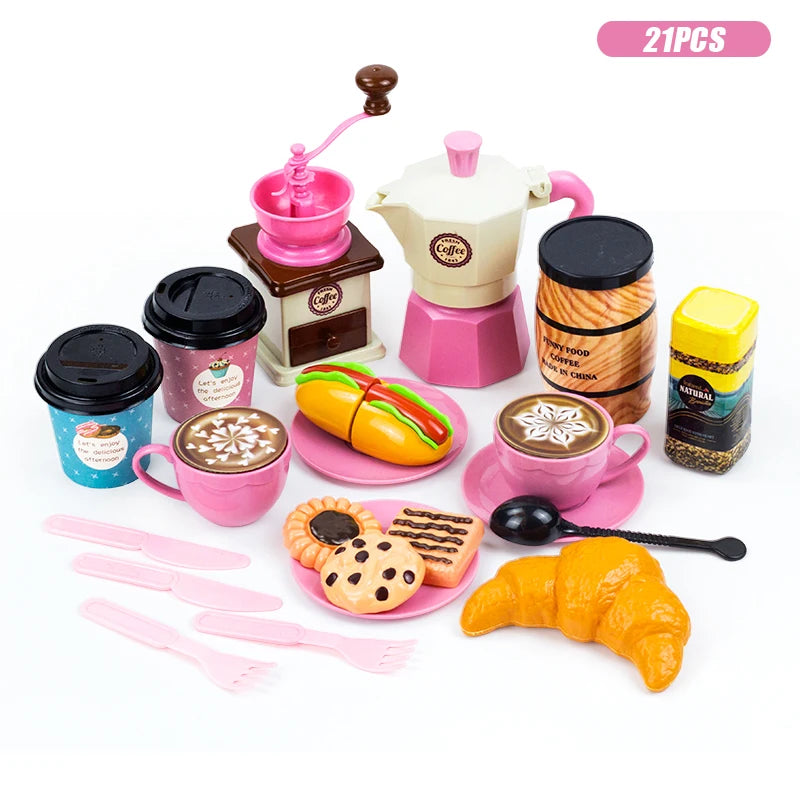A pretend play tea party set featuring a coffee pot, teapot, and cake for children.