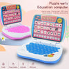 A pink and blue puzzle education computer with a keyboard and learning modules is shown next to its components.
