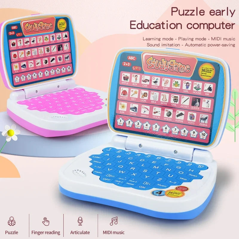 A pink and blue puzzle education computer with a keyboard and learning modules is shown next to its components.