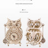 Front and reverse views of a wooden mechanical design owl wall clock assembly kit