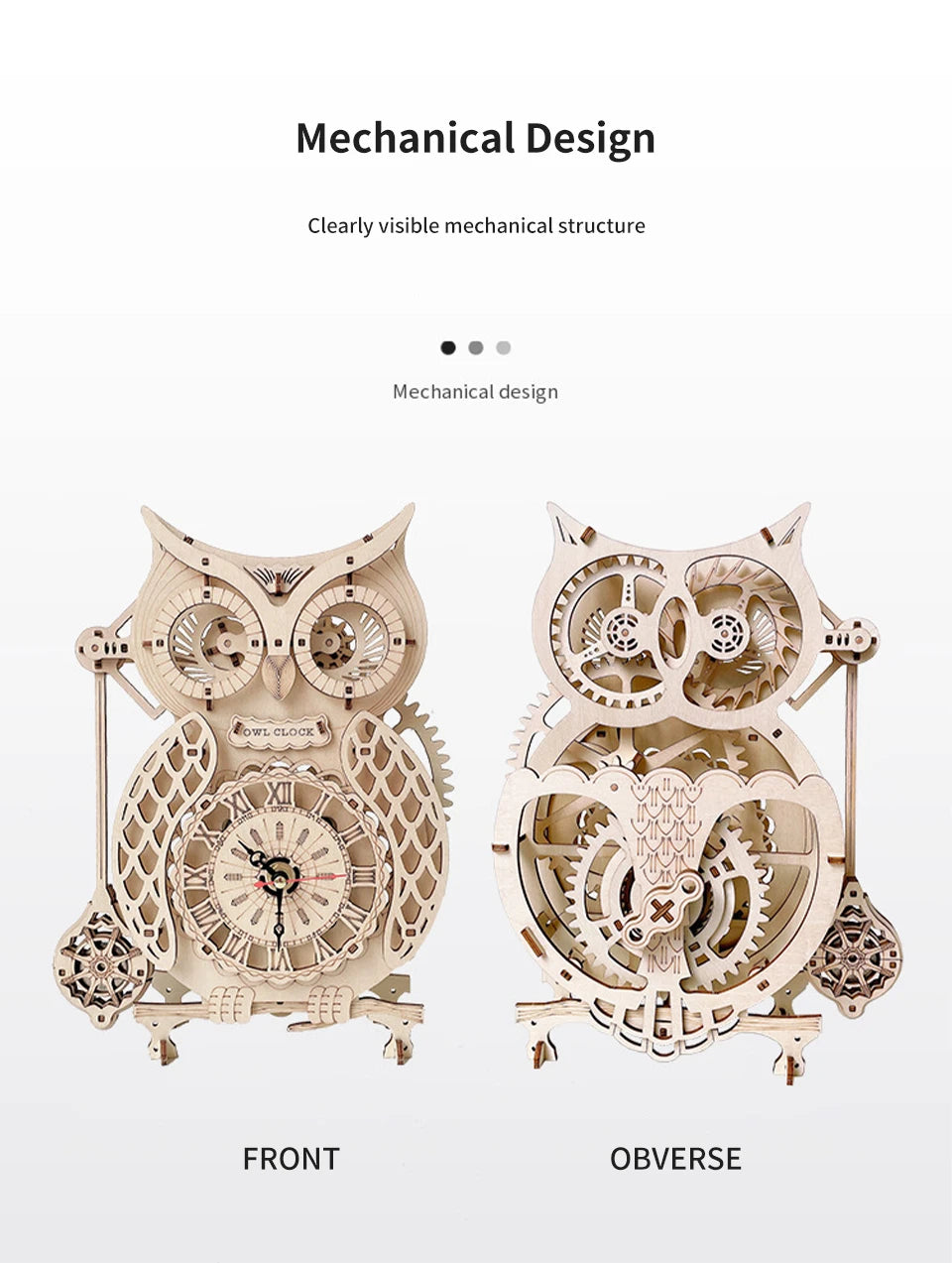 Front and reverse views of a wooden mechanical design owl wall clock assembly kit