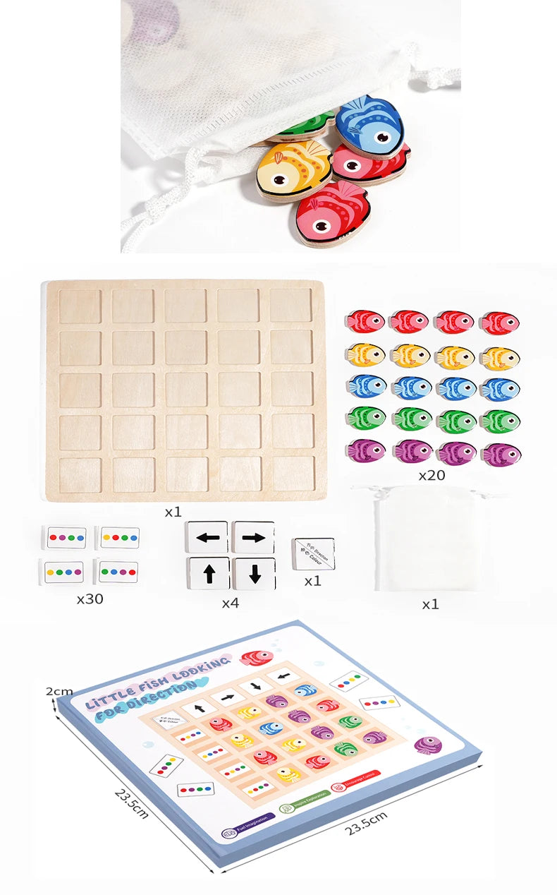 A set of wooden Montessori direction game pieces and a large wooden grid board for children's logical thinking.