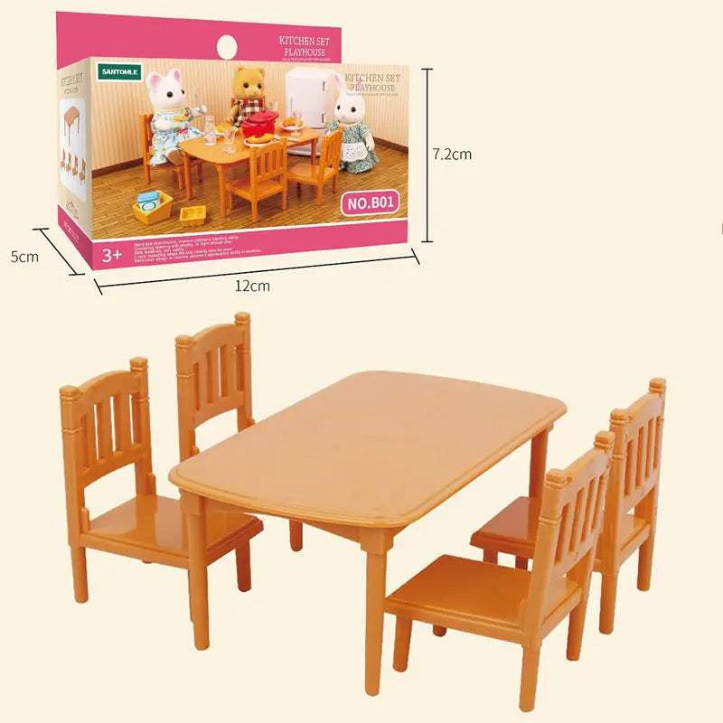 A wooden dollhouse furniture set featuring a miniature kitchen with chairs and tables for kids.