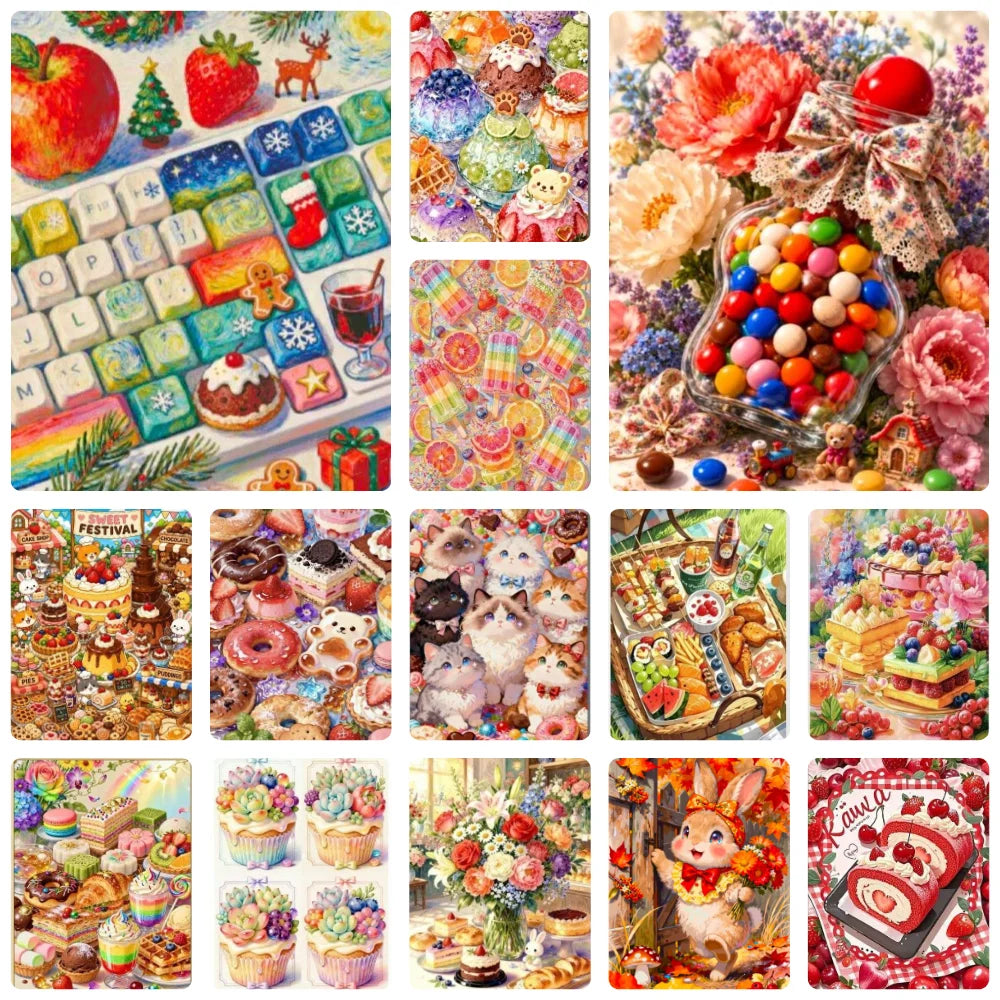 A collection of diamond painting kits featuring various sweet desserts like cupcakes, watermelon, and strawberry art.