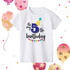 A white kids birthday number t-shirt featuring the text Its my 5th birthday with colorful decorations.