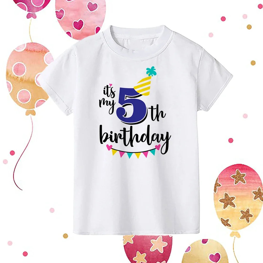 A white kids birthday number t-shirt featuring the text Its my 5th birthday with colorful decorations.
