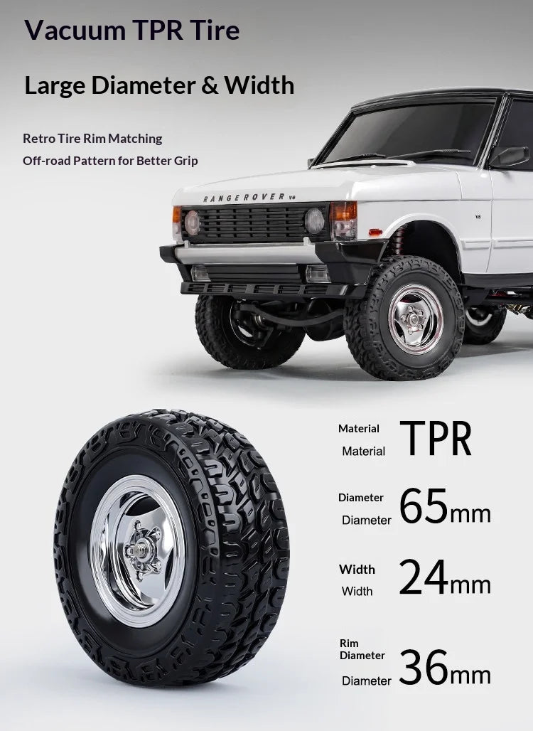 A white Land Rover Range Rover vehicle is shown with a large off-road tire mounted on the wheel.