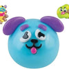 Jouet squishy bleu en forme de visage de chien avec des oreilles violettes et des marques noires.