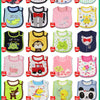 A collection of colorful baby feeding bibs with various cartoon designs for infants and toddlers.