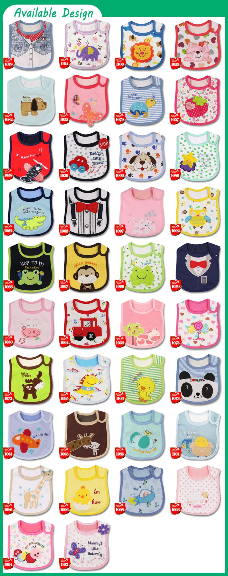 A collection of colorful baby feeding bibs with various cartoon designs for infants and toddlers.