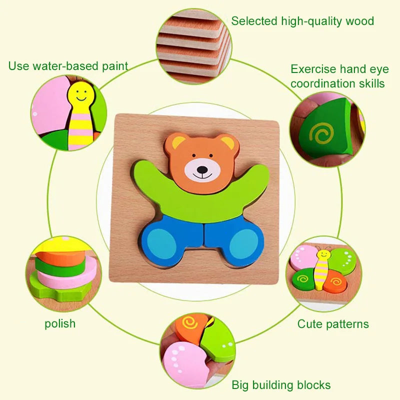 A set of wooden building blocks and puzzles featuring cute animal shapes for children's learning