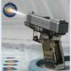 A silver water blaster gun is shown firing a stream of water toward a target, with blue tiles in the background.