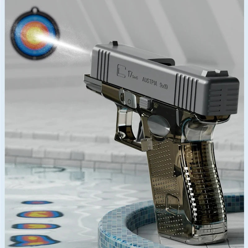A silver water blaster gun is shown firing a stream of water toward a target, with blue tiles in the background.
