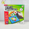 A box for a 5-in-1 Magnetic Game featuring various game pieces and a double-sided board.