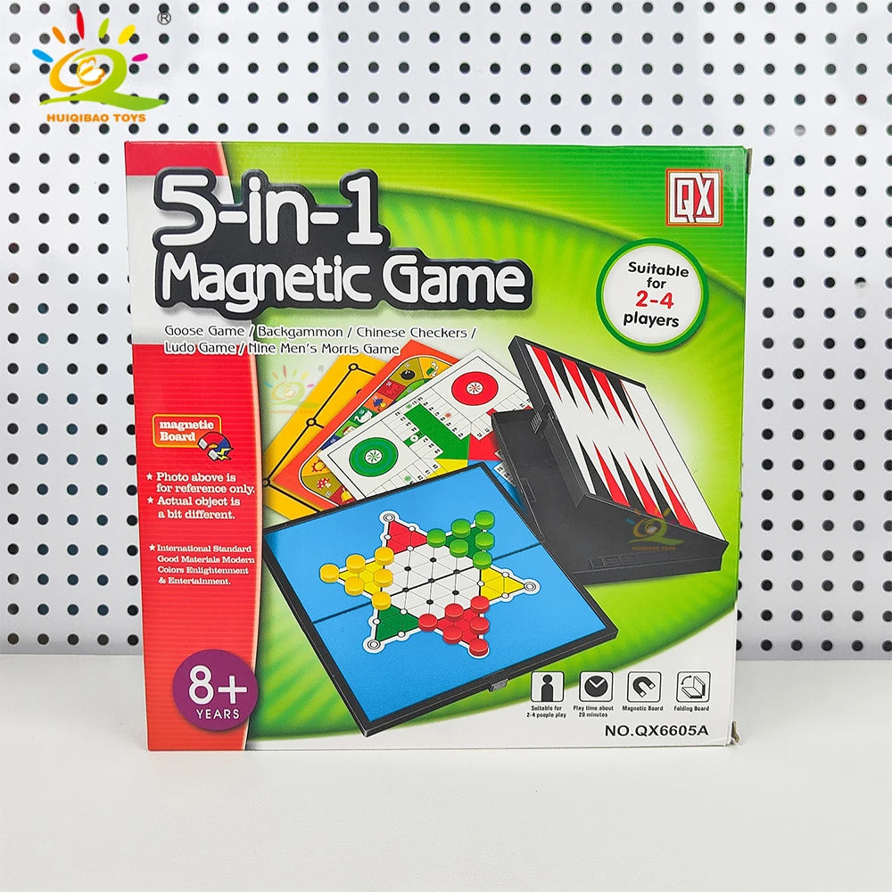 A box for a 5-in-1 Magnetic Game featuring various game pieces and a double-sided board.